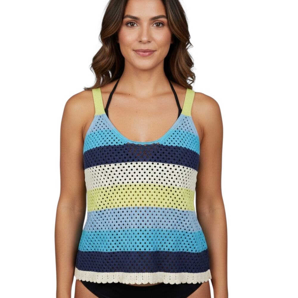 Y2K Striped Crochet Tank Top XL Blue Boho Festival Beach Open Knit Cottage Core